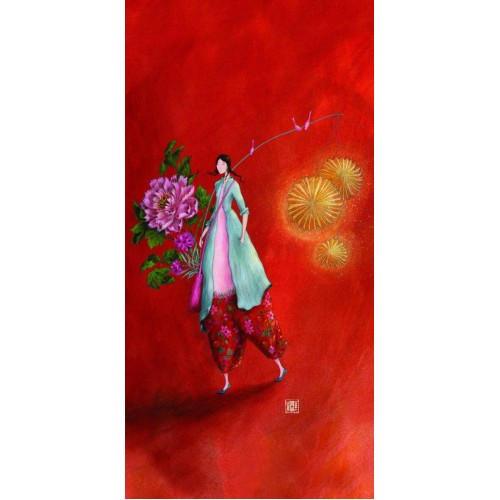 Ευχετήρια Κάρτα Διπλή 10,5x21 Γυναίκα Με Ροζ Λουλούδι Pictura