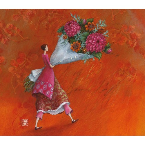 Ευχετήρια Κάρτα Διπλή 10,5x21 Γυναίκα Με Μεγάλο Μπουκέτο Με Λουλούδια Pictura