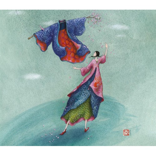 Ευχετήρια Κάρτα Διπλή 10,5x21 Γυναίκα Με Ρούχο Που Αιωρείται Pictura